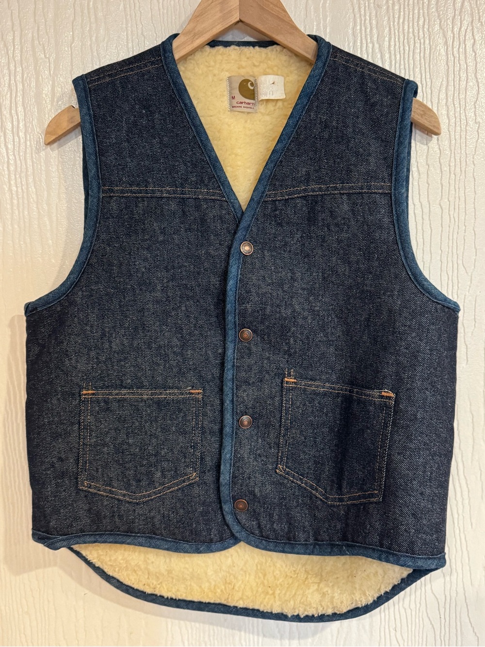 Vintage Carhartt Sherpa Fleece Lined Denim Vest Snap Front V-Neck Medium EUC